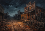 Rust red western cinema wall art print featuring an abandoned ghost town saloon and glowing lantern for elegant interiors