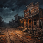 Rust red western cinema wall art print featuring an abandoned ghost town saloon and glowing lantern for elegant interiors