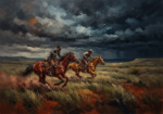 Rust red western cinema wall art print featuring a dramatic horseback chase across an open prairie beneath a storm-filled sky for elegant interiors