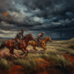 Rust red western cinema wall art print featuring a dramatic horseback chase across an open prairie beneath a storm-filled sky for elegant interiors