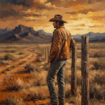 Ochre and navy vintage western movie art print featuring a lone cowboy beside a weathered fence in a dramatic desert landscape for elegant interiors
