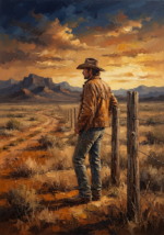 Ochre and navy vintage western movie art print featuring a lone cowboy beside a weathered fence in a dramatic desert landscape for elegant interiors