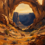 Ochre and navy vintage western movie art print featuring a lone horse beneath a towering desert rock arch for elegant interiors
