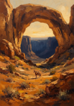 Ochre and navy vintage western movie art print featuring a lone horse beneath a towering desert rock arch for elegant interiors