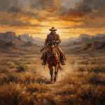 Honey bronze classic cowboy cinema art print featuring a lone cowboy riding across a desert trail beneath a glowing sunset for elegant interiors