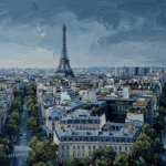 Dusty Blue Gallery paris skyline canvas featuring the Eiffel Tower, elegant Haussmann rooftops, and panoramic Paris cityscape for sophisticated interiors