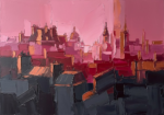 Rose and copper abstract skyline painting featuring layered Paris-inspired architectural silhouettes for elegant contemporary interiors
