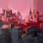 Rose and copper abstract skyline painting featuring layered Paris-inspired architectural silhouettes for elegant contemporary interiors
