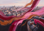 Rose and copper abstract skyline painting featuring flowing Paris-inspired architectural forms for sophisticated contemporary interiors