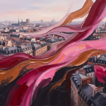 Rose and copper abstract skyline painting featuring flowing Paris-inspired architectural forms for sophisticated contemporary interiors