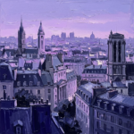 Blue lilac city skyline painting featuring the Paris skyline with elegant rooftops and towers for sophisticated interiors