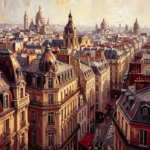 Merlot and antique gold city skyline artwork featuring the Paris skyline with soaring historic architecture for elegant interiors