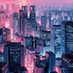 Magenta and cobalt tokyo city wall art featuring an illuminated Tokyo skyline with glowing skyscrapers and atmospheric nighttime depth for sophisticated interiors