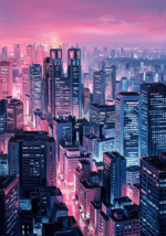 Magenta and cobalt tokyo city wall art featuring an illuminated Tokyo skyline with glowing skyscrapers and atmospheric nighttime depth for sophisticated interiors