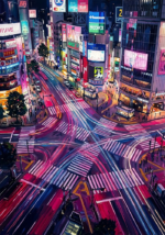 Magenta and cobalt tokyo city wall art featuring a glowing Tokyo crossing with illuminated streets, reflective pavement, and dramatic nighttime architecture for elegant interiors