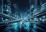 Prussian Night night skyline painting featuring illuminated skyscrapers, reflective boulevard, and glowing cyan city lights for sophisticated interiors