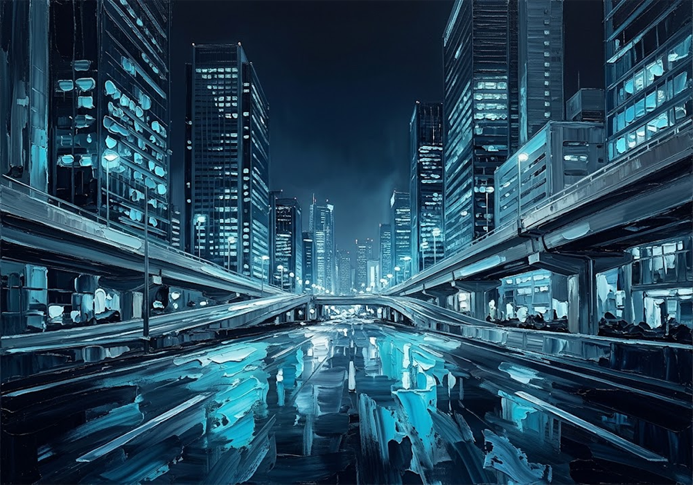 Azure Circuit Night Skyline Painting Prussian Night Art Print
