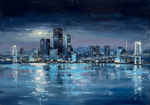 Prussian Night night skyline painting featuring a luminous waterfront skyline with glowing reflections, elegant bridges, and deep blue architectural tones for sophisticated interiors