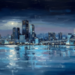 Prussian Night night skyline painting featuring a luminous waterfront skyline with glowing reflections, elegant bridges, and deep blue architectural tones for sophisticated interiors