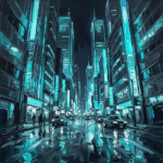 Cyan and graphite neon city canvas featuring futuristic skyscrapers, reflective streets, and glowing urban lights for elegant contemporary interiors