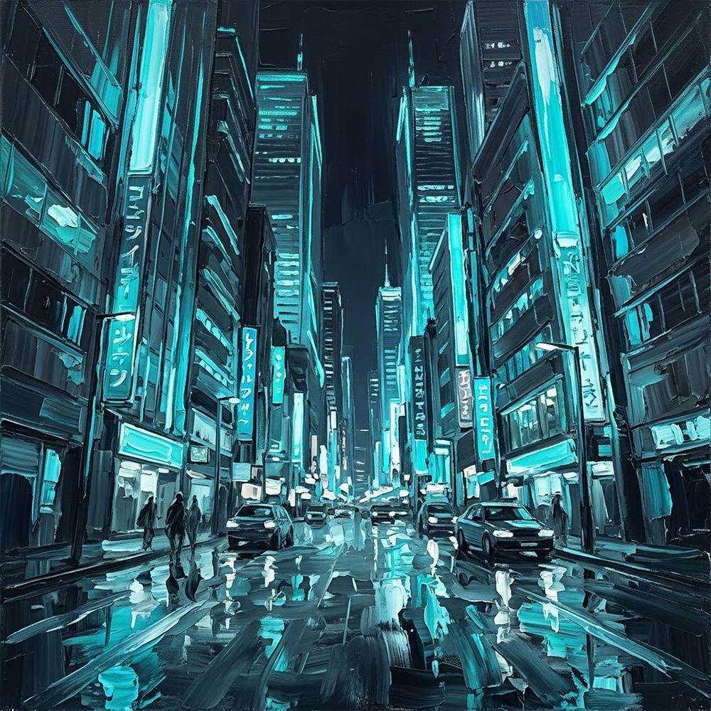 Cyber Beacon Neon City Canvas Cyan & Graphite Art Print