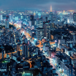 Cyan and graphite neon city canvas featuring an elevated illuminated skyline with glowing skyscrapers and atmospheric urban depth for elegant interiors