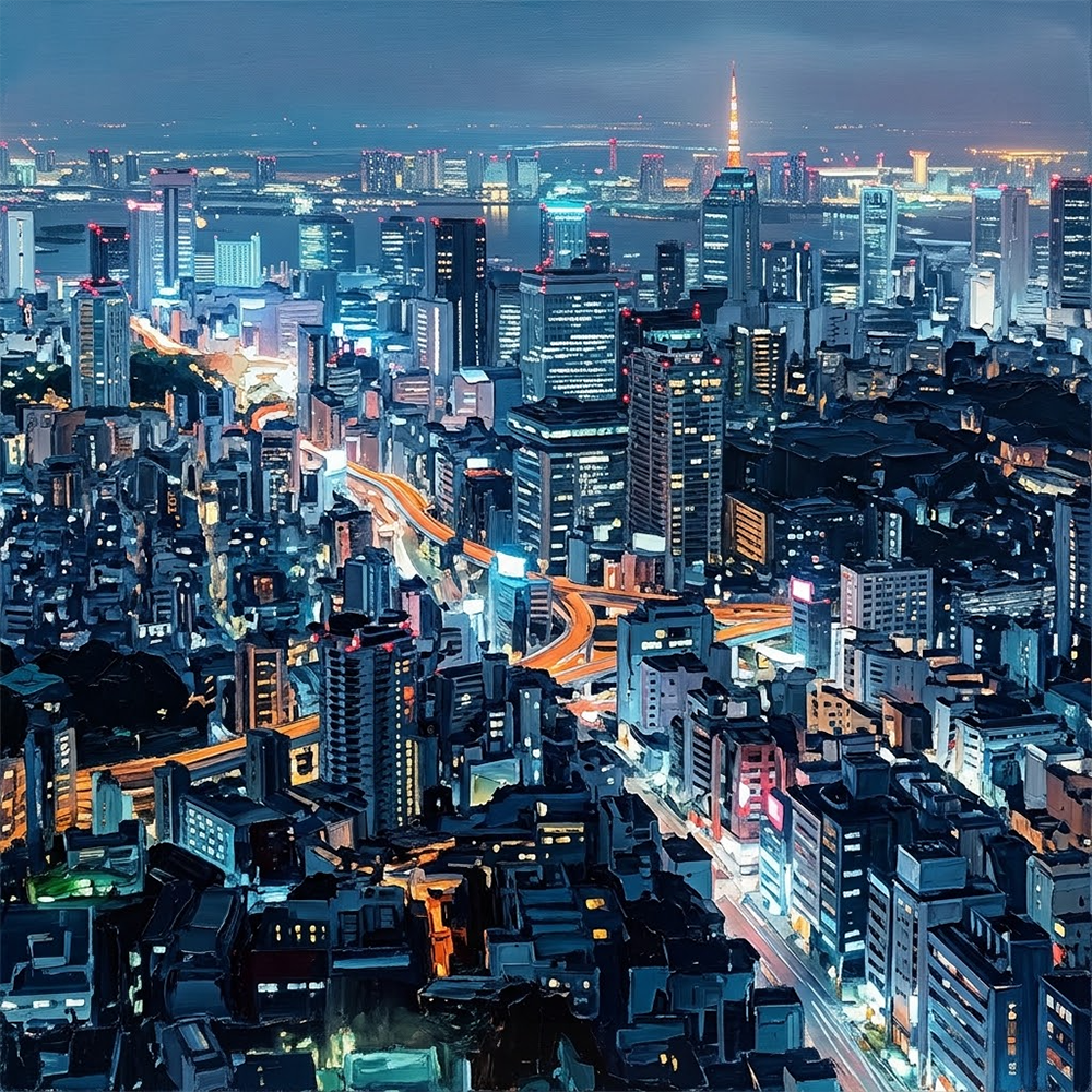 Electric Nexus Neon City Canvas Cyan & Graphite Art Print