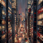 Crimson Noir night city wall art featuring an illuminated modern avenue with glowing skyscrapers, reflective architecture, and sophisticated urban atmosphere for elegant interiors