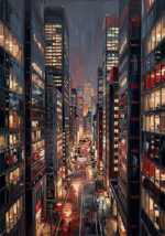 Crimson Noir night city wall art featuring an illuminated modern avenue with glowing skyscrapers, reflective architecture, and sophisticated urban atmosphere for elegant interiors