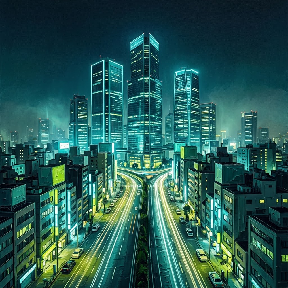 Emerald Nexus Urban Wall Art Teal & Chartreuse Art Print