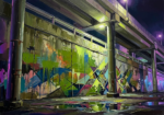 Acid Green Editorial urban graffiti wall art print featuring a Tokyo expressway wall with abstract murals, industrial columns, and dramatic lighting