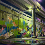 Acid Green Editorial urban graffiti wall art print featuring a Tokyo expressway wall with abstract murals, industrial columns, and dramatic lighting