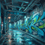 Cyan and lime modern street art prints featuring a Tokyo underpass mural with abstract forms, reflective pavement, and contemporary urban architecture