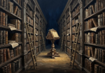 Espresso vintage library wall art print featuring antique bookshelves, leather-bound books, brass details, and warm golden lighting