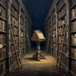 Espresso vintage library wall art print featuring antique bookshelves, leather-bound books, brass details, and warm golden lighting