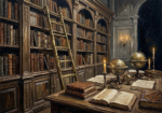 Espresso vintage library wall art print featuring carved oak shelves, brass ladder, antique books, globes, and warm candlelight