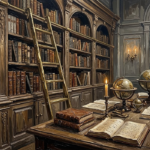 Espresso vintage library wall art print featuring carved oak shelves, brass ladder, antique books, globes, and warm candlelight