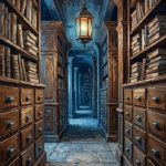 Prussian Night moody library wall art print featuring an antique lantern, archival corridors, wooden cabinets, and deep blue shadows