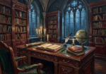 Wine & Forest dark academia home office print featuring an antique writing desk, bookshelves, leather journal, brass telescope, and candlelight