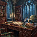 Wine & Forest dark academia home office print featuring an antique writing desk, bookshelves, leather journal, brass telescope, and candlelight