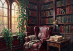 Wine & Forest dark academia home office print featuring a wingback chair, library shelves, brass lamp, manuscripts, and ivy details