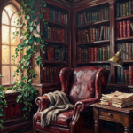 Wine & Forest dark academia home office print featuring a wingback chair, library shelves, brass lamp, manuscripts, and ivy details