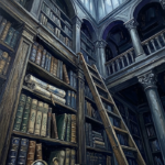 Ink blue dark academia office decor print featuring a grand antique library with towering bookshelves, rolling ladder, and scholarly architectural elegance for refined interiors