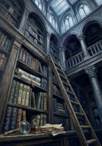 Ink blue dark academia office decor print featuring a grand antique library with towering bookshelves, rolling ladder, and scholarly architectural elegance for refined interiors