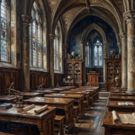 Walnut and blue dark academia classroom decor print featuring a historic Gothic lecture hall with antique desks, towering bookcases, and scholarly architectural elegance for refined interiors