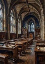 Walnut and blue dark academia classroom decor print featuring a historic Gothic lecture hall with antique desks, towering bookcases, and scholarly architectural elegance for refined interiors