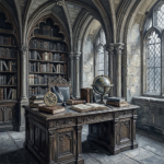 Graphite gray dark academia aesthetic office print featuring a Gothic scholarly workspace with carved oak desk, towering library shelves, and antique academic objects for elegant interiors