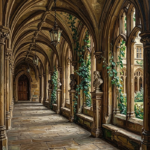 Tobacco & Emerald old world wall decor print featuring vaulted university cloisters, stone arches, ivy, and timeless architectural elegance for refined interiors