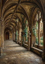 Tobacco & Emerald old world wall decor print featuring vaulted university cloisters, stone arches, ivy, and timeless architectural elegance for refined interiors