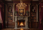 Merlot & Antique Gold dark academia living room decor print featuring a grand historic salon with carved stone fireplace, antique bookcases, and classical architectural details